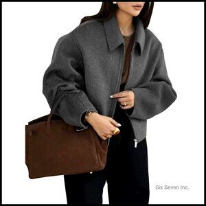 Cropped Wool Mix Bomber Jacket with Fleece Lining and Pockets